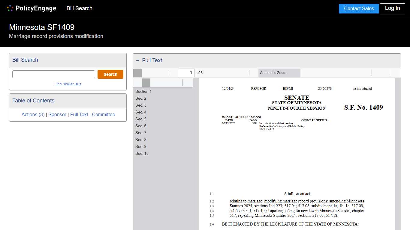 SF1409 Minnesota 2025-2026 Marriage record provisions modification - Legislative Tracking PolicyEngage