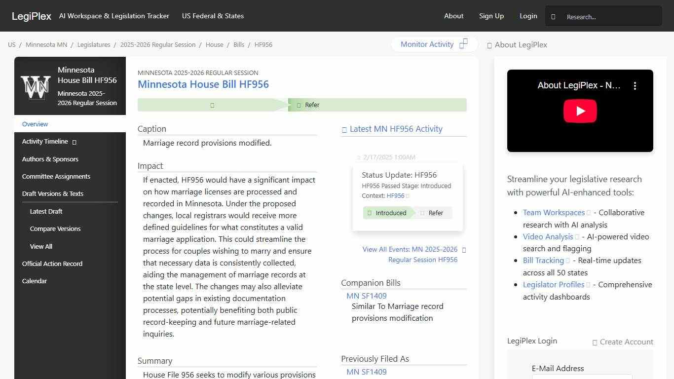 MN HF956 - Minnesota 2025-2026 Regular Session LegiPlex